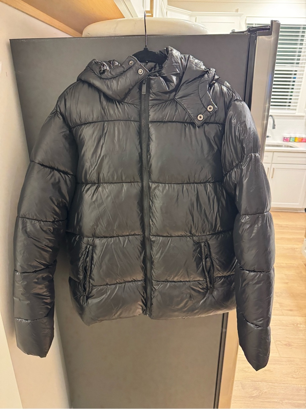 Boohoo Mens Black Gloss Quilted Hooded Puffer Jacket